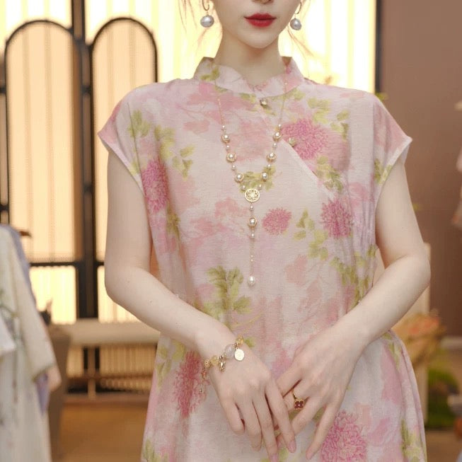2025 New Chinese Improved Chinese Oblique Lapel Spring and Summer Women's Loose Dress FB25041120