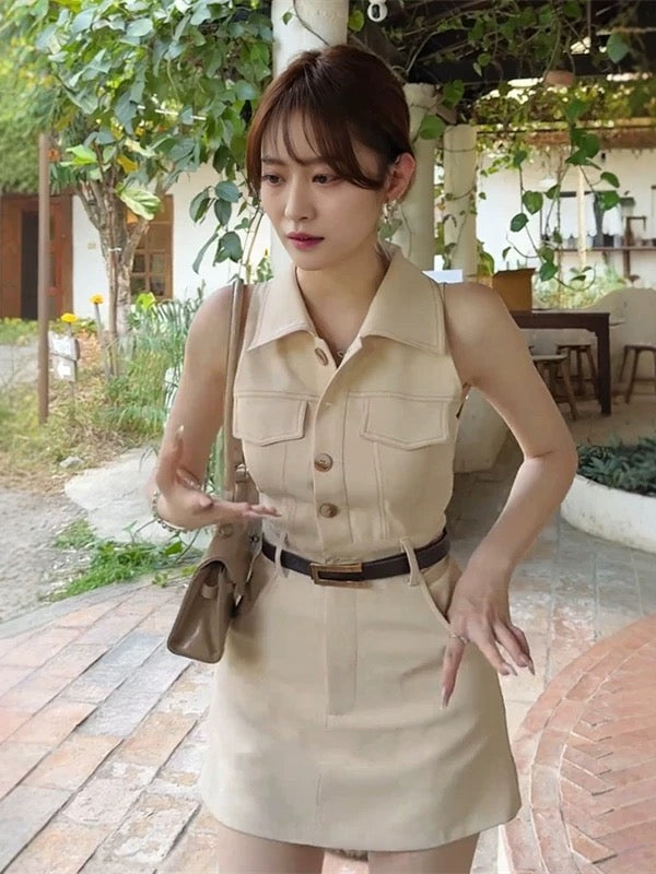 Korean style temperament POLO collar medium high waist sleeveless dres Lee Nhi Boutique Korean style temperament POLO collar medium high waist sleeveless dres Lee Nhi Boutique
