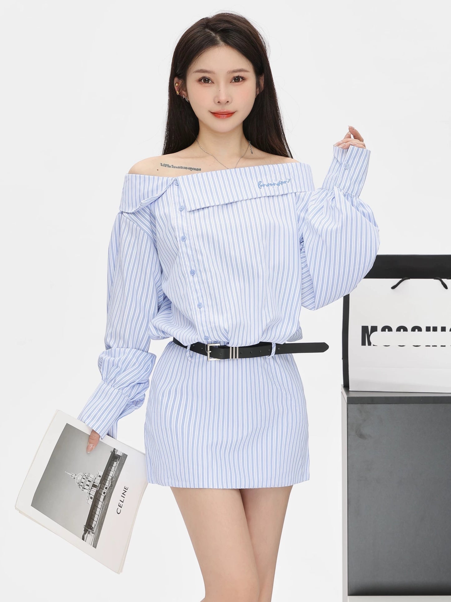 Small P clothing station one shoulder striped shirt dress women's spring and autumn Korean style waist slimming pure waist skirt