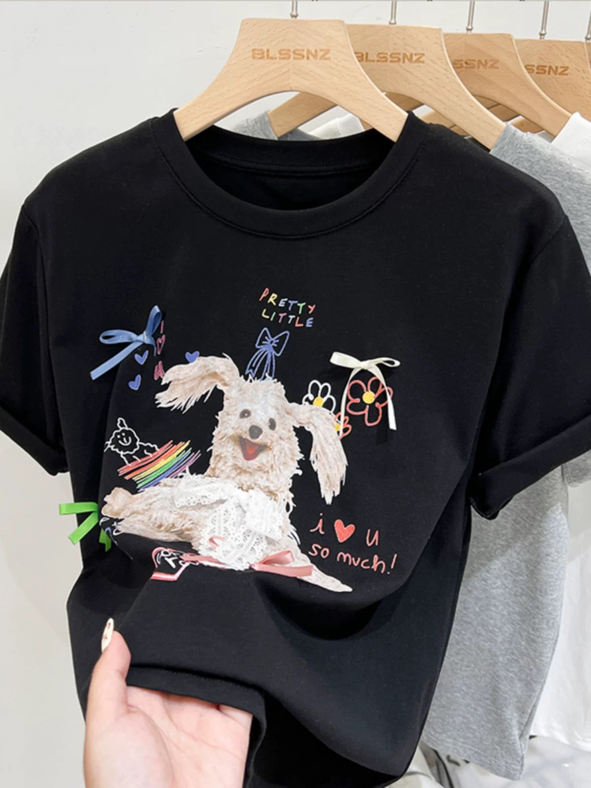 White puppy print pure cotton right shoulder short-sleeved T-shirt for women summer 2024 new design niche loose top