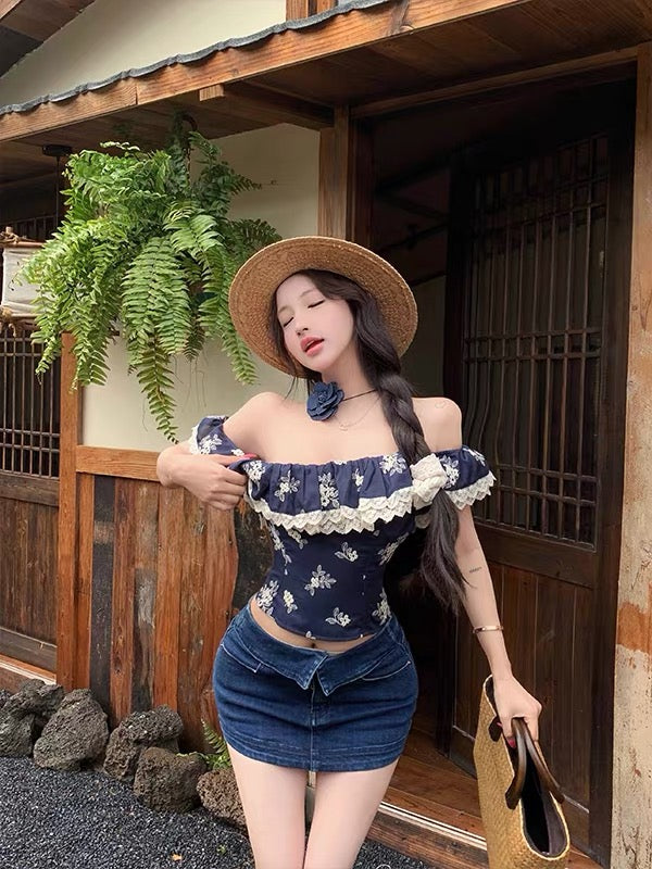 JingLI French Vintage Floral One-Shoulder T-Shirt for Women – Summer Ruffled, Waist-Cinching, Cropped Top