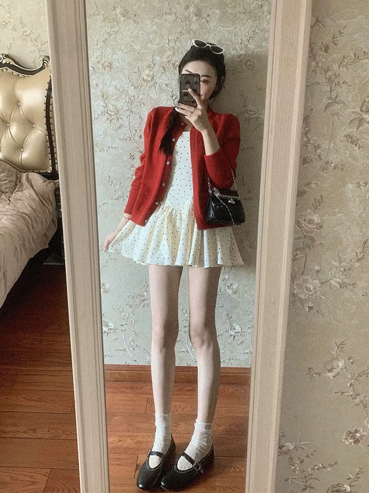2025 Spring Outfit Set: Complete OOTD Outfit - Red Knit Cardigan and Polka Dot Camisole Dress (Two-Piece Set)