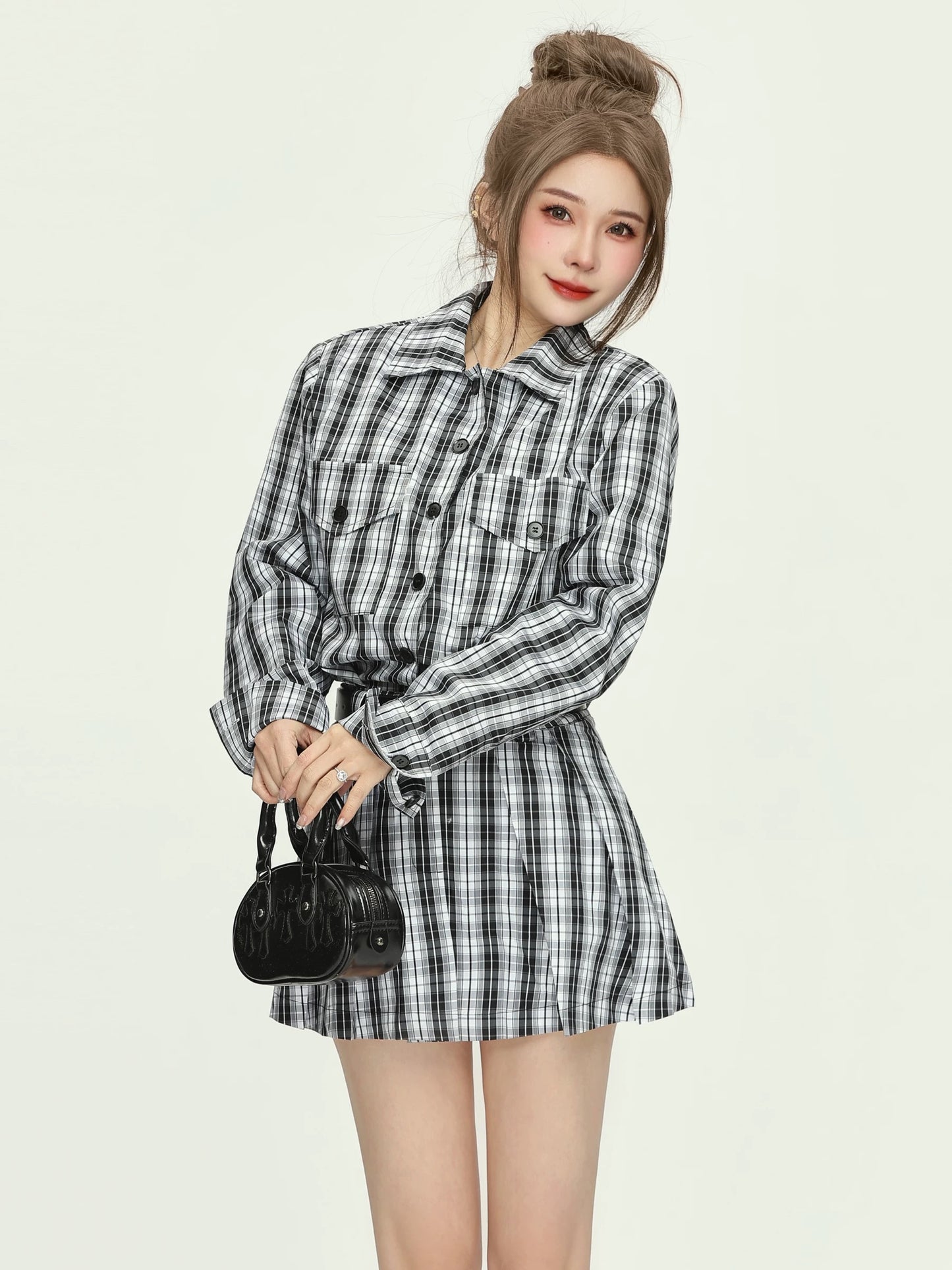 PPWUDAWANG Korean style design plaid shirt dress women's spring season high-end loose slim short skirt