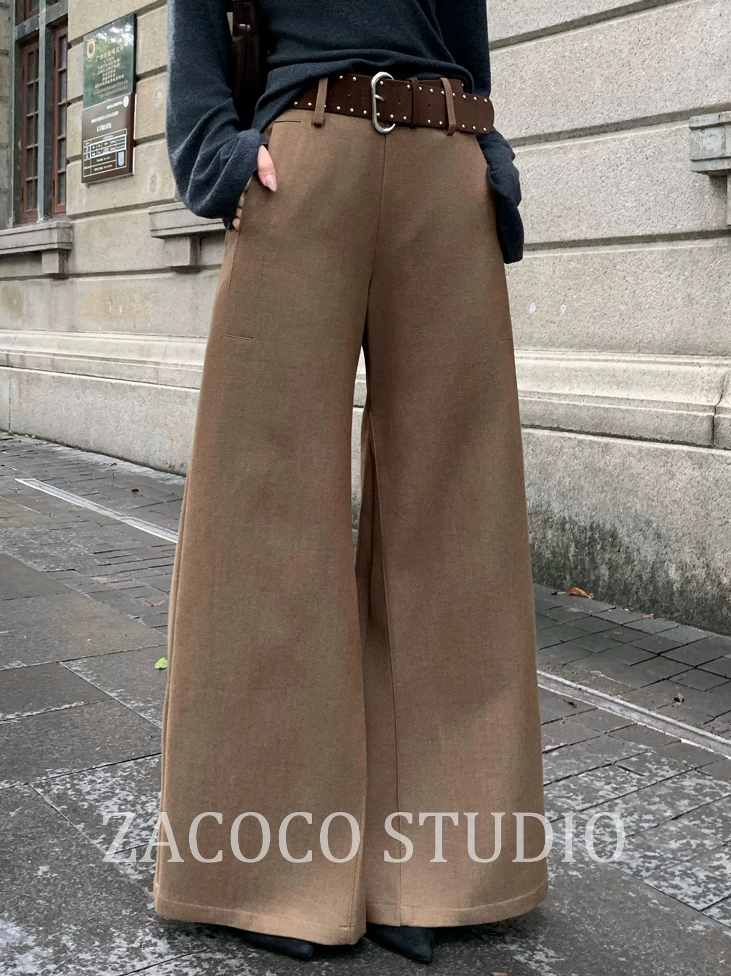 ZACOCO Autumn High-Waisted Wide-Leg Trousers for Women, 2025 New Style, Slimming, Versatile, Elegant, Casual Long Trousers