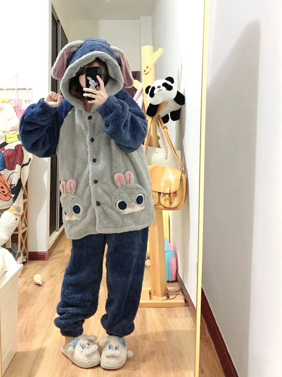 Cute bunny hooded pajamas for women, fleece-lined and thickened, new winter style for 2025, plus size, warm plush loungewear set.