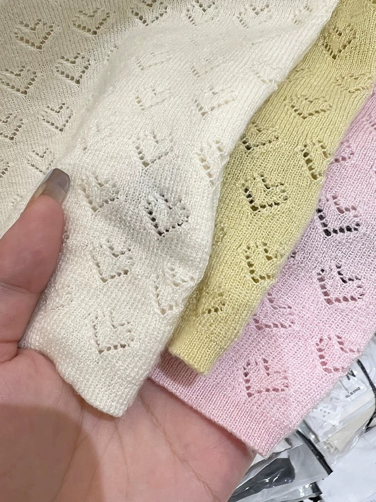 Ice Silk Thin Feifei Sleeve Pink Knitted Sweater Women's Summer 2024 New Design Hollow Slim Short Top