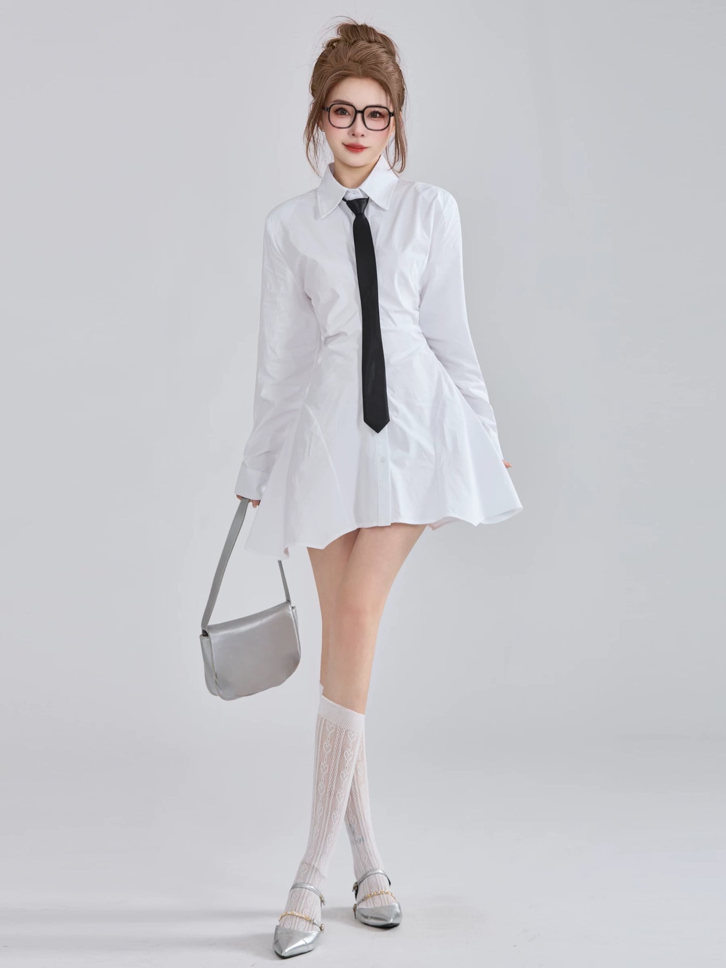 XiaoP Clothing Station Spring Korean College Style Age-reducing Polo Collar Tie Long Sleeve Waist Irregular Shirt Dress