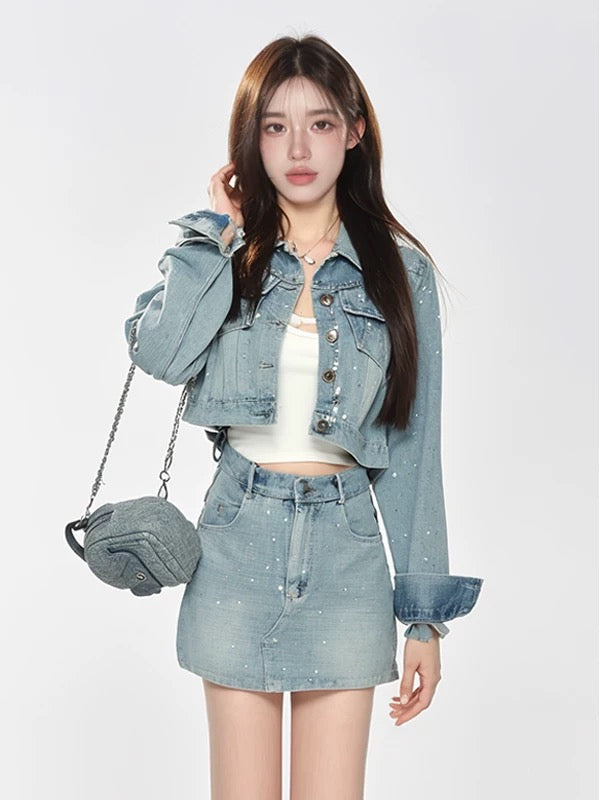 PPWUDAWANG Korean denim suit skirt women's spring and autumn style short jacket high waist short skirt high-end two-piece suit