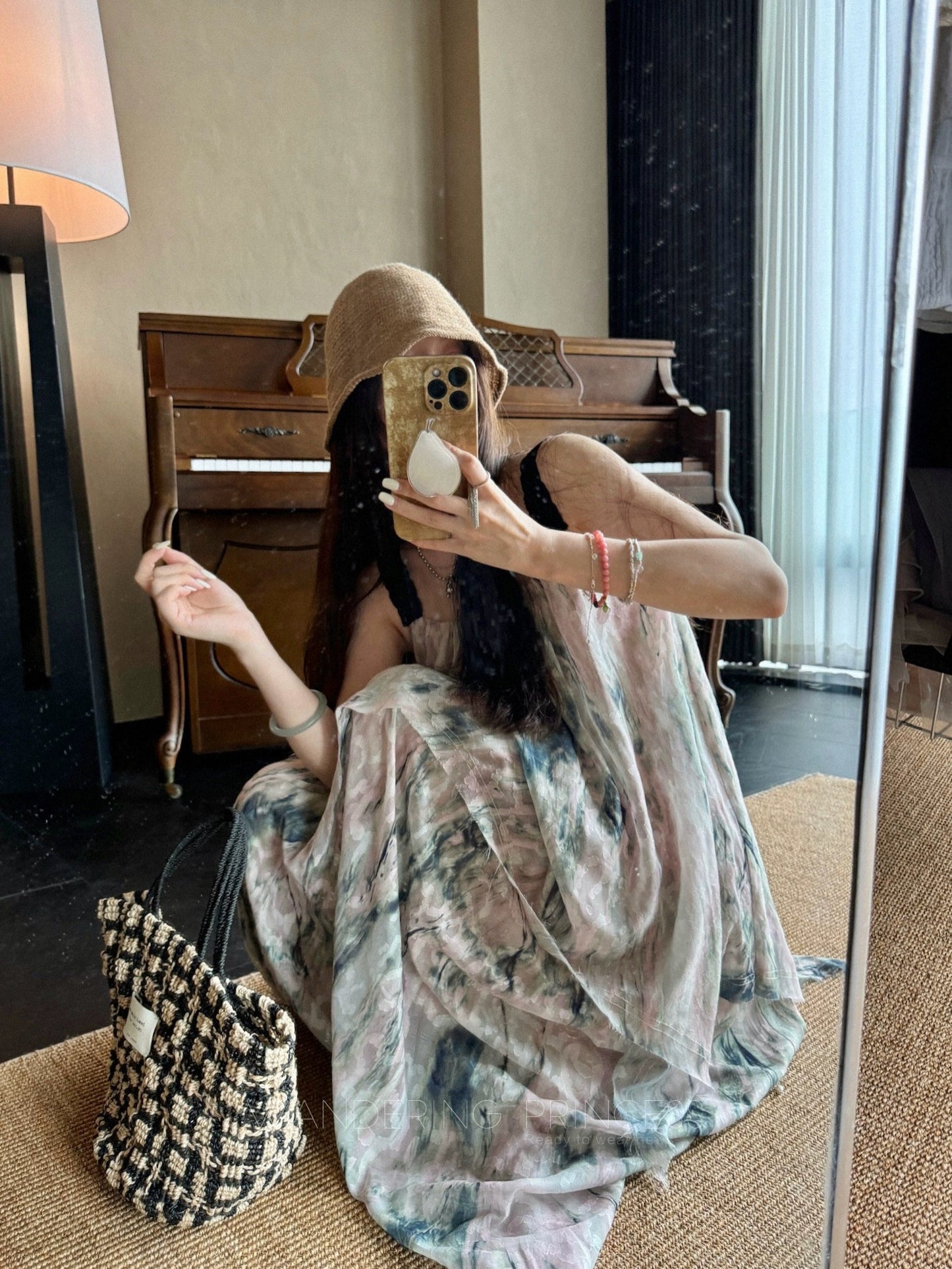 Qian Meixi oil painting style jacquard watermark suspender dress high-end design irregular holiday style long skirt for women
