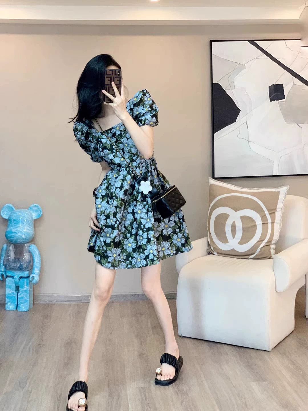 Leathercat summer new high-end French retro design temperament waist slim floral dress female