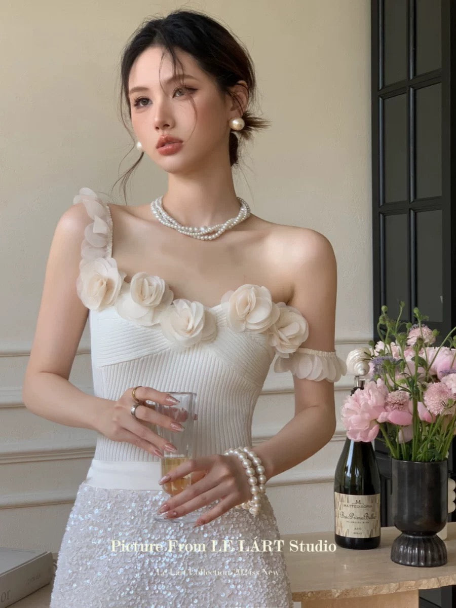 LELART new summer French temperament elegant pure desire style sweet and spicy petal camisole short top