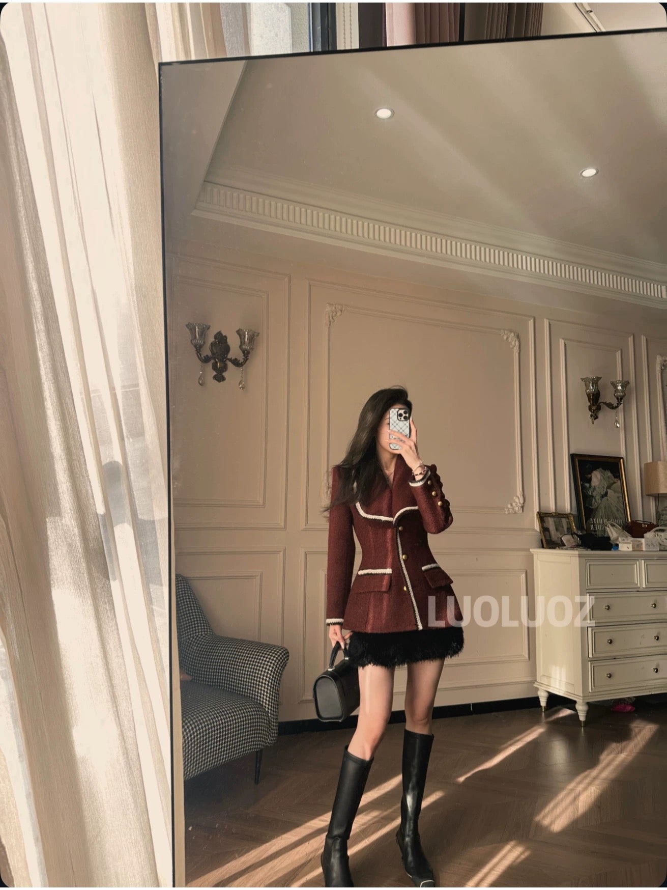 LUOLUOZ【Willow Waves and Orioles】Exquisite Color Thick Top and Short Skirt Two-Piece Set JF111
