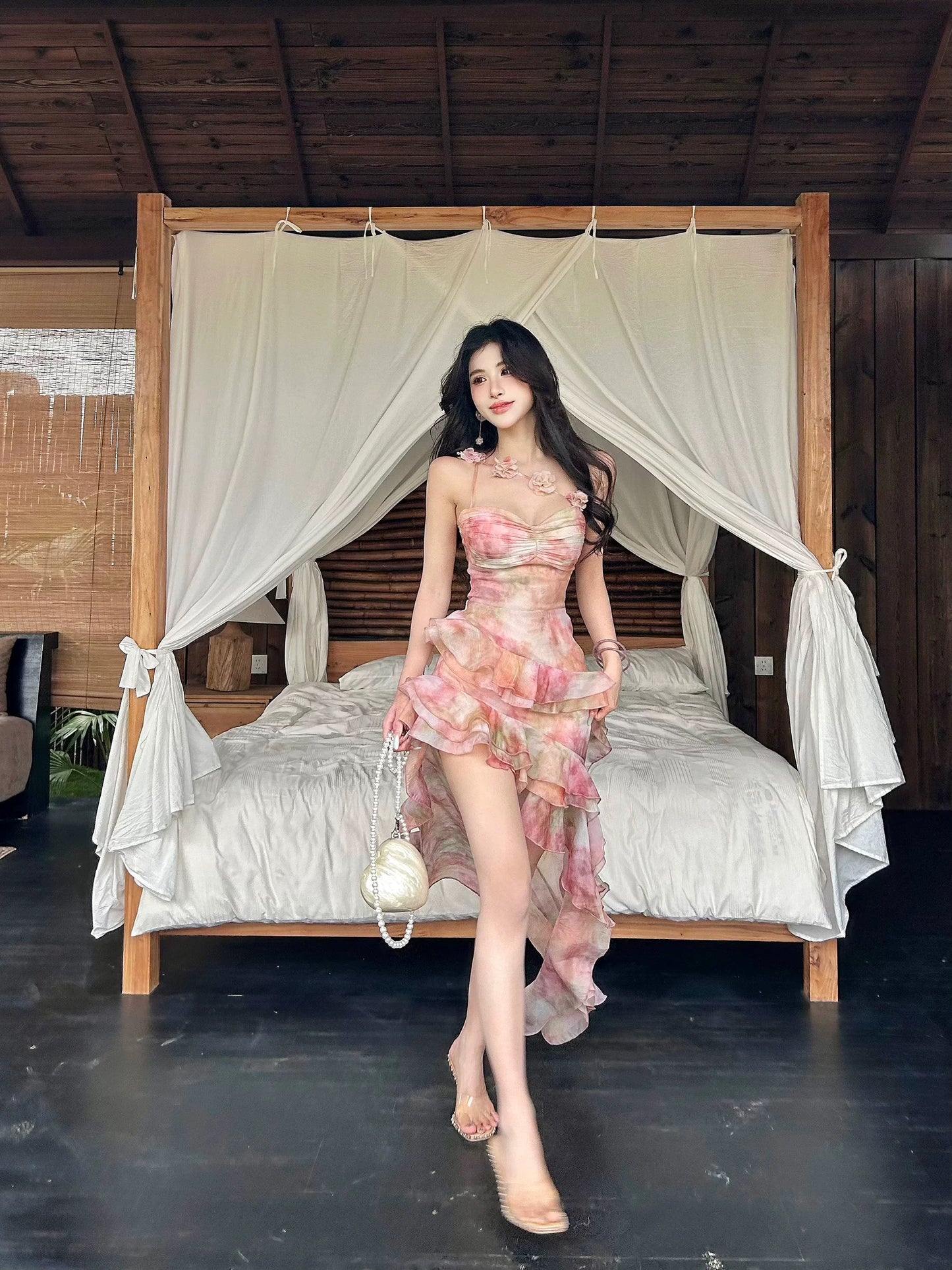 Dust Deng Deng Holiday style dress female 2025 summer new irregular ruffled short skirt tube top skirt