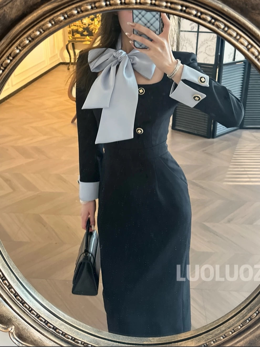 LUOLUOZ【Glass Origami】High-End Elegant Color-Blocked Waist-Slimming Long Dress CC249