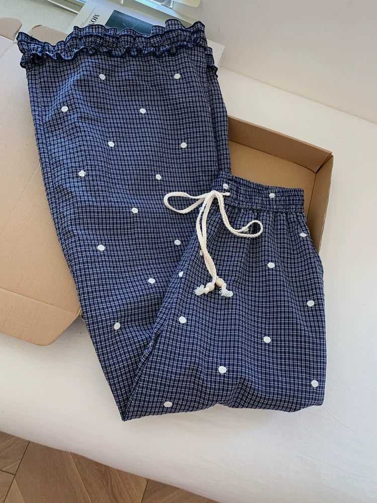Blue plaid polka dot casual wide-leg pants, loose fit, boyfriend style, relaxed feel, slimming long pants, women's summer style.