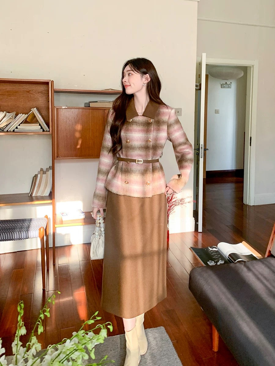 GERTCOREL 2025 New Winter French Wool Warm Coat and Skirt Set for Women, High-End Commuting Suit