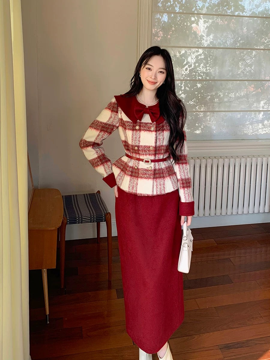 GERTCOREL 2025 New Winter High-End Goose Down Jacket and Skirt Set with Style Red Plaid Fit for Women