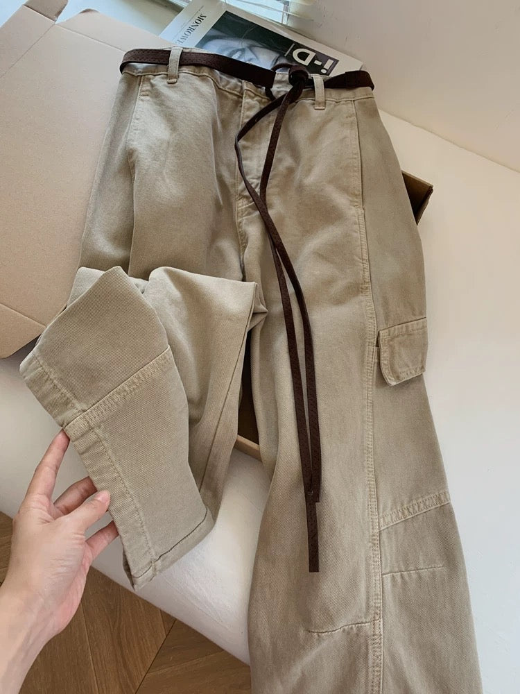 American-style khaki straight leg jeans with belt, wide-leg and loose fit, women's 2025 new style, extra long for tall women.