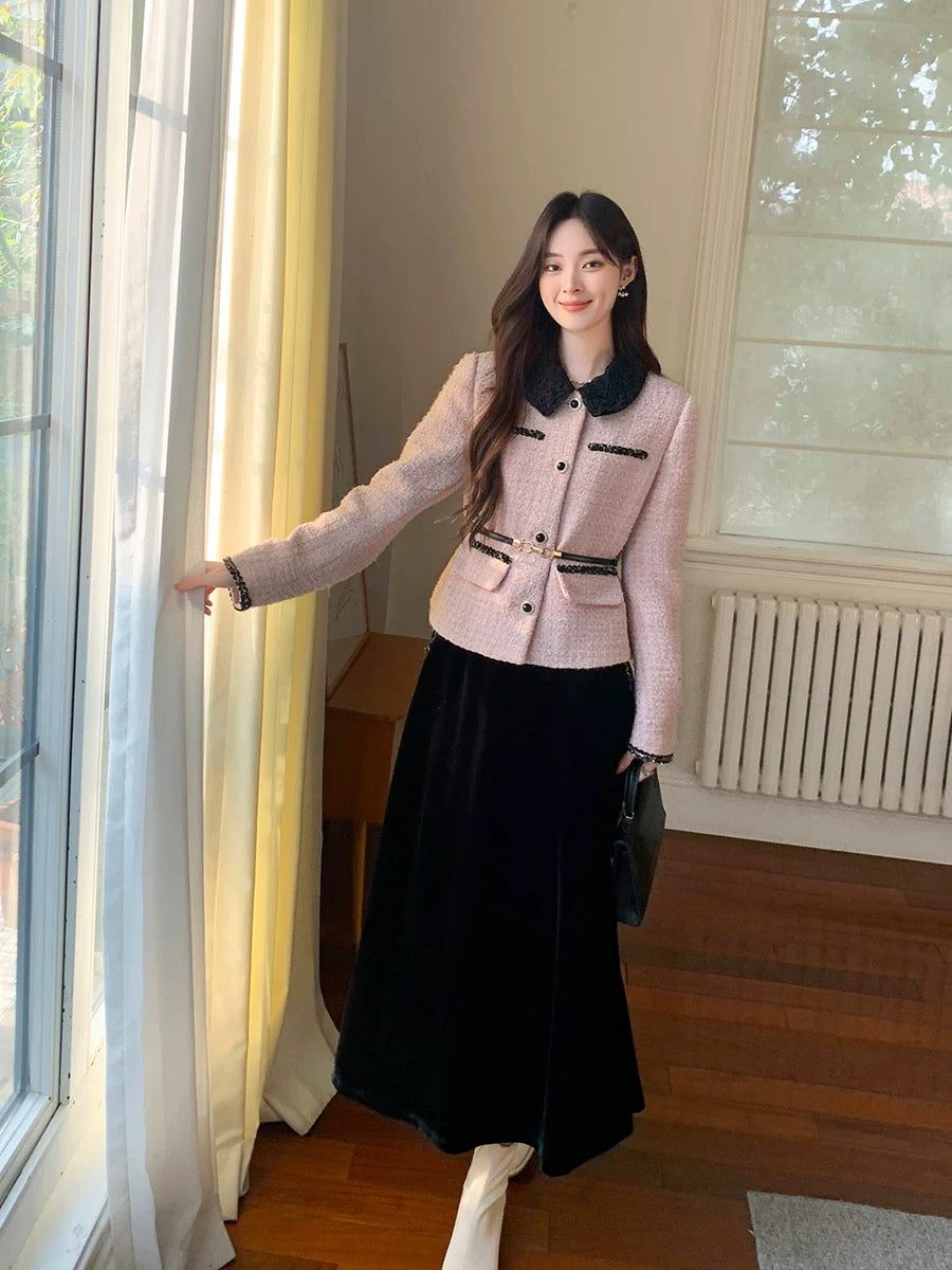 GERTCOREL 2025 New Autumn/Winter French High-End Wool Thick Coat and Skirt Set for Women