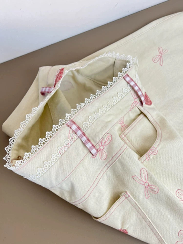 Love it~ Bear embroidered lace patchwork jeans for women, new Korean style straight pants for spring
