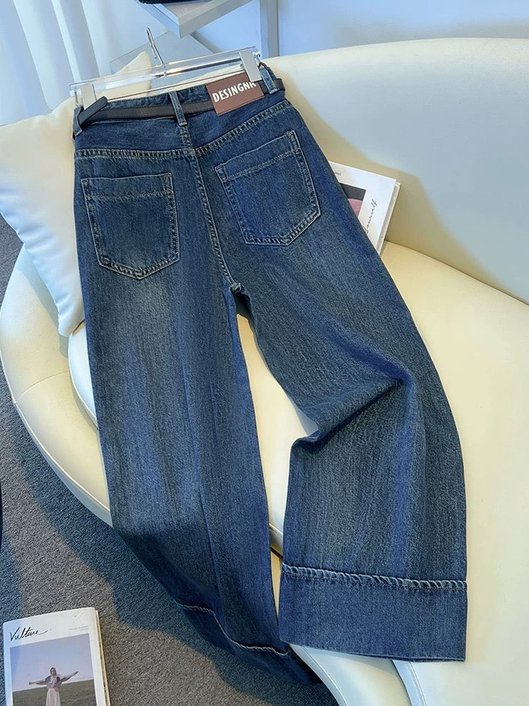Retro high waist Tencel wide leg jeans women 2025 summer new thin drape ice silk nine-point straight pants