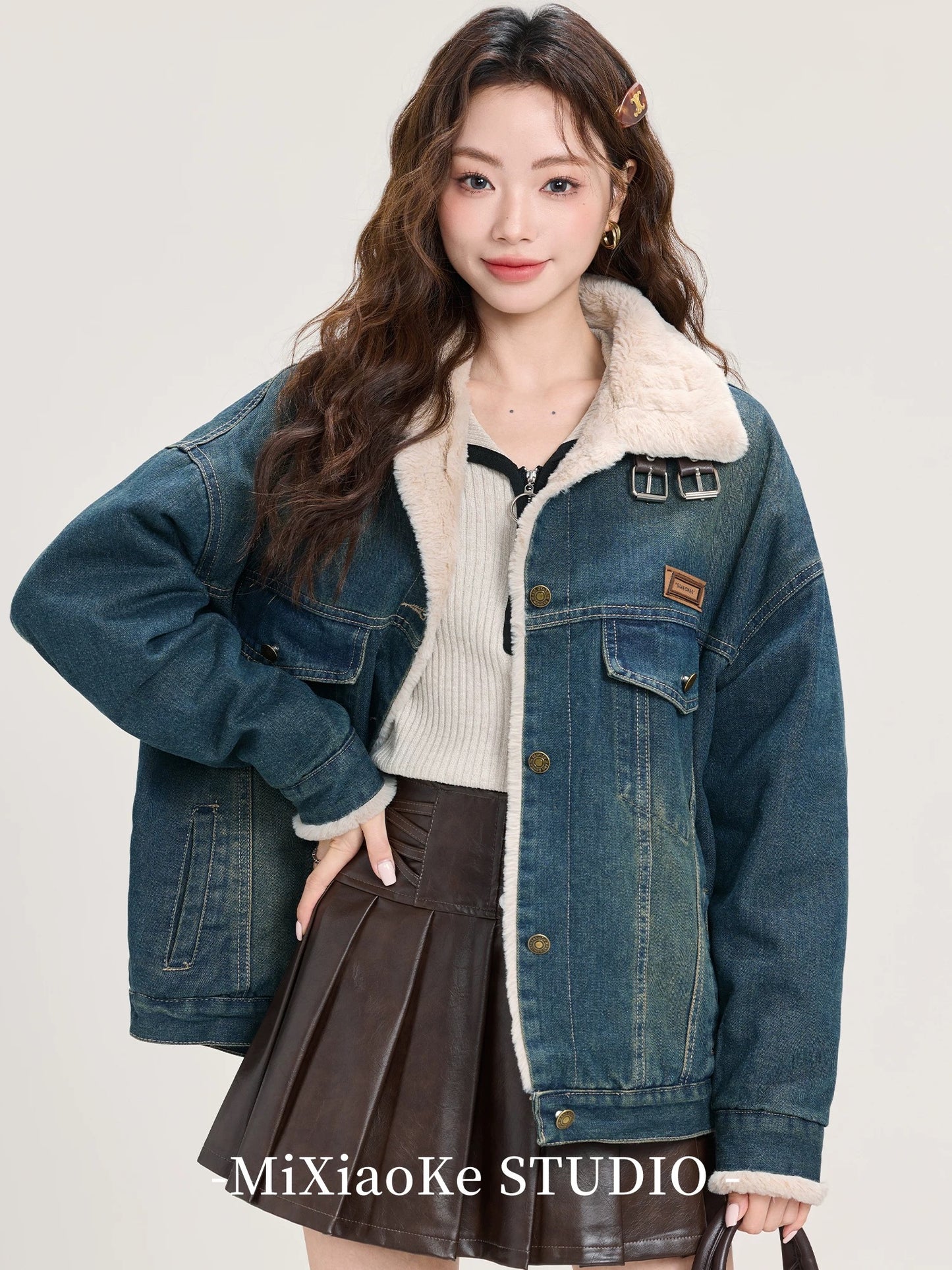 Mi Xiaoke's High-End Retro Lambswool Denim Jacket for Women, Winter Mid-Length Casual Thickened Jacket/Park