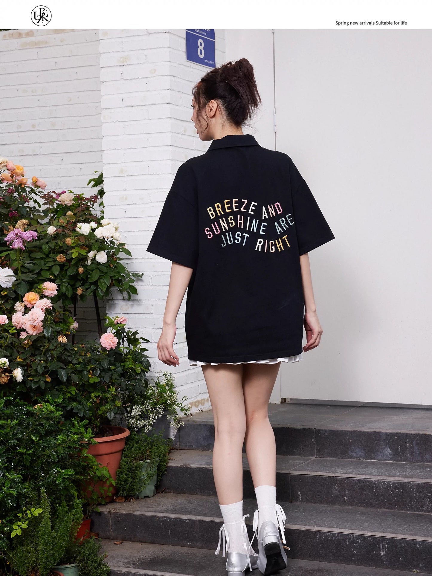Beikastudios black polo collar T-shirt women's short-sleeved summer new American style heavy embroidery loose pure cotton t trend