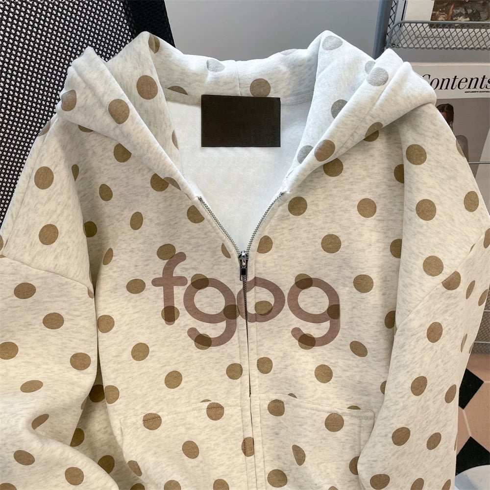Korean retro oatmeal polka dot sweatshirt jacket women's spring and autumn American lazy chic couple casual hooded cardigan