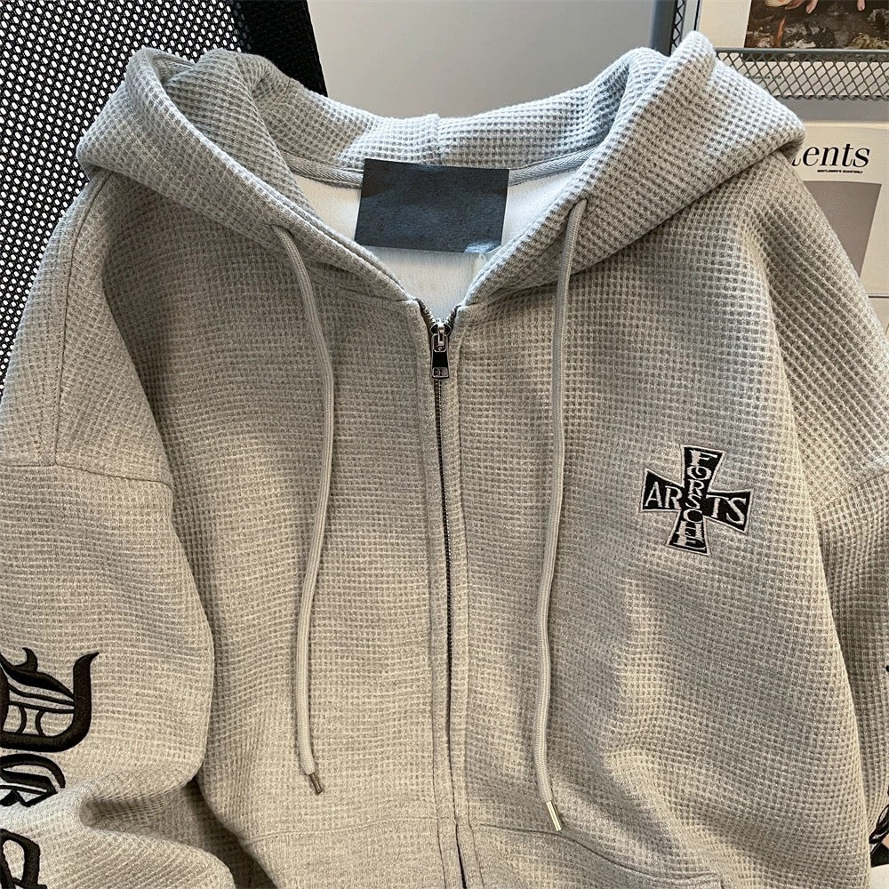 National trend gray waffle hooded cardigan sweatshirt women's spring and autumn American Gothic letter embroidery heavy couple jacket
