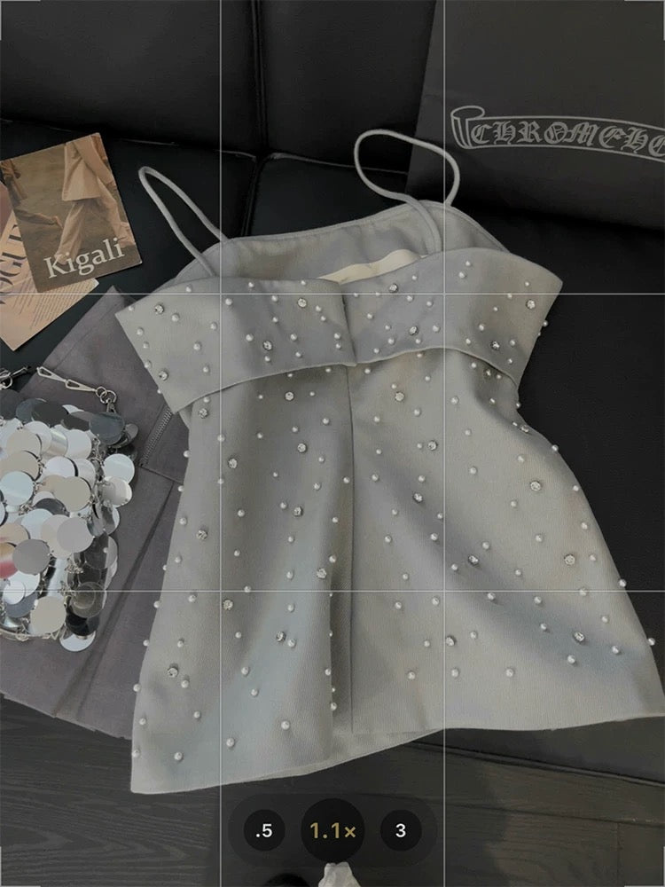 Heavy beaded camisole vest for women gray high-end 2025 summer new temperament sweet and spicy style tube top