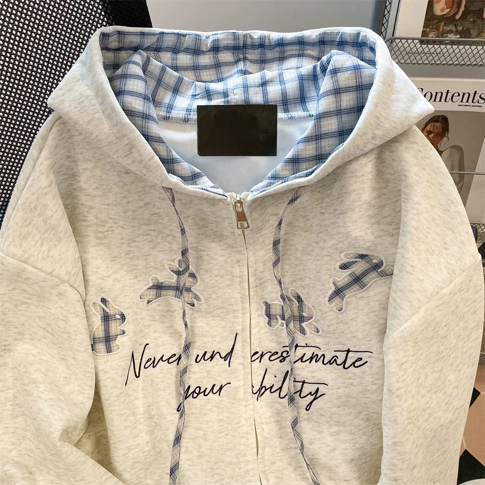 Korean plaid patchwork embroidered rabbit sweatshirt women's early autumn thin small size gray hooded cardigan jacket