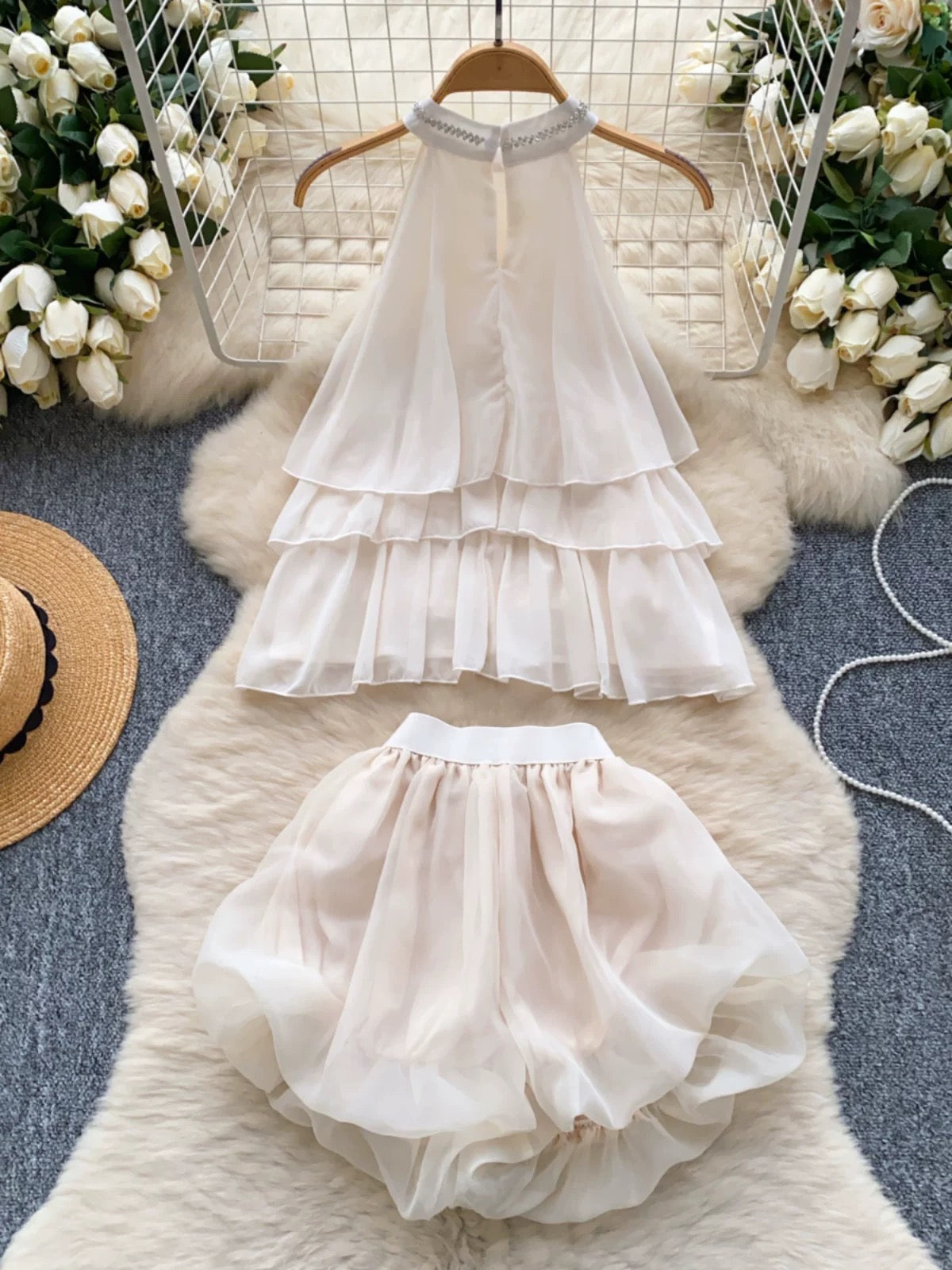 Rich Heiress Style Suit: Pure and alluring beaded halter neck sleeveless chiffon top with ruffles + high-waisted tulip shorts