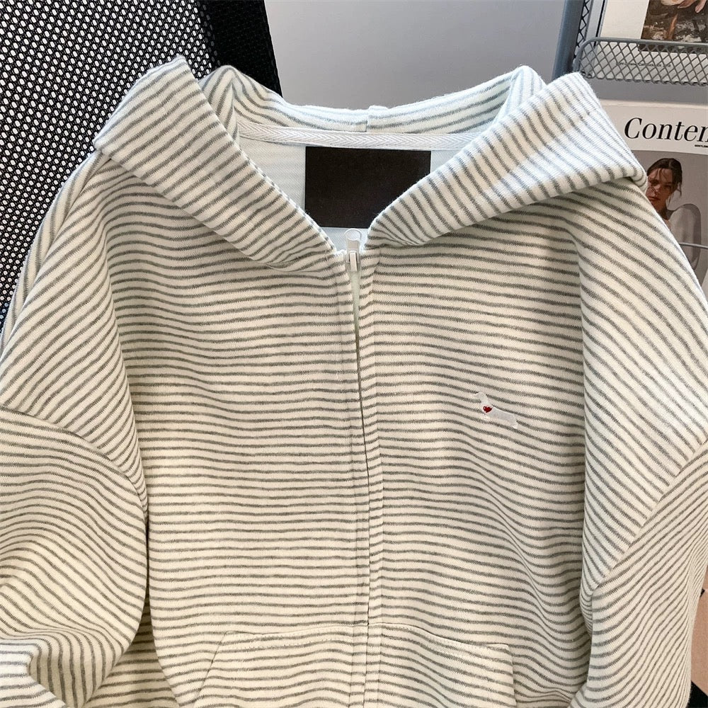 Korean style atmosphere wear embroidered striped sweatshirt cardigan women's early autumn loose casual hooded long-sleeved jacket top