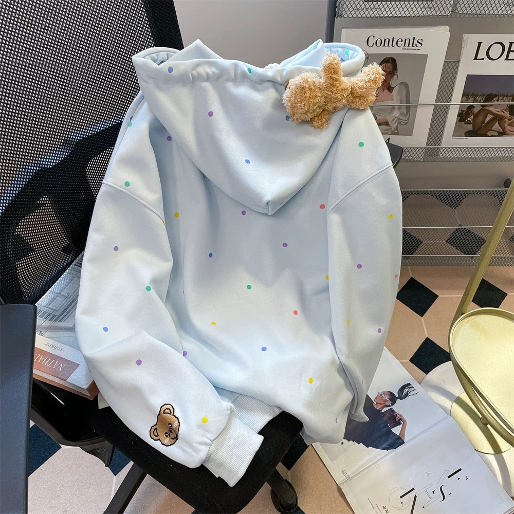 Dopamine color polka dot bear sweater cardigan women's autumn Korean version milk fufu cute hooded top jacket