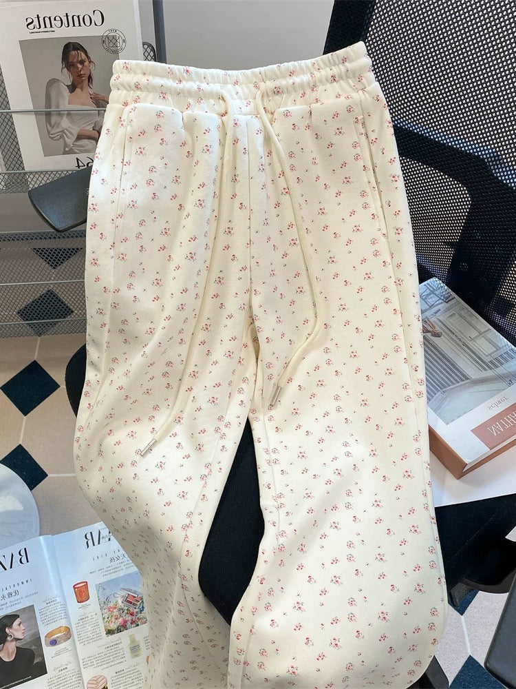 Korean style sweet casual sports floral flared pants for men and women summer small slim straight wide-leg mopping trousers
