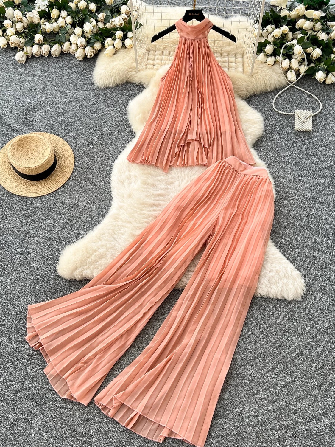 Pure and Desire Vacation Suit for Women: Halter Neck Tie-up Irregular Pleated Top and High-Waisted Wide-Leg Casual Pants