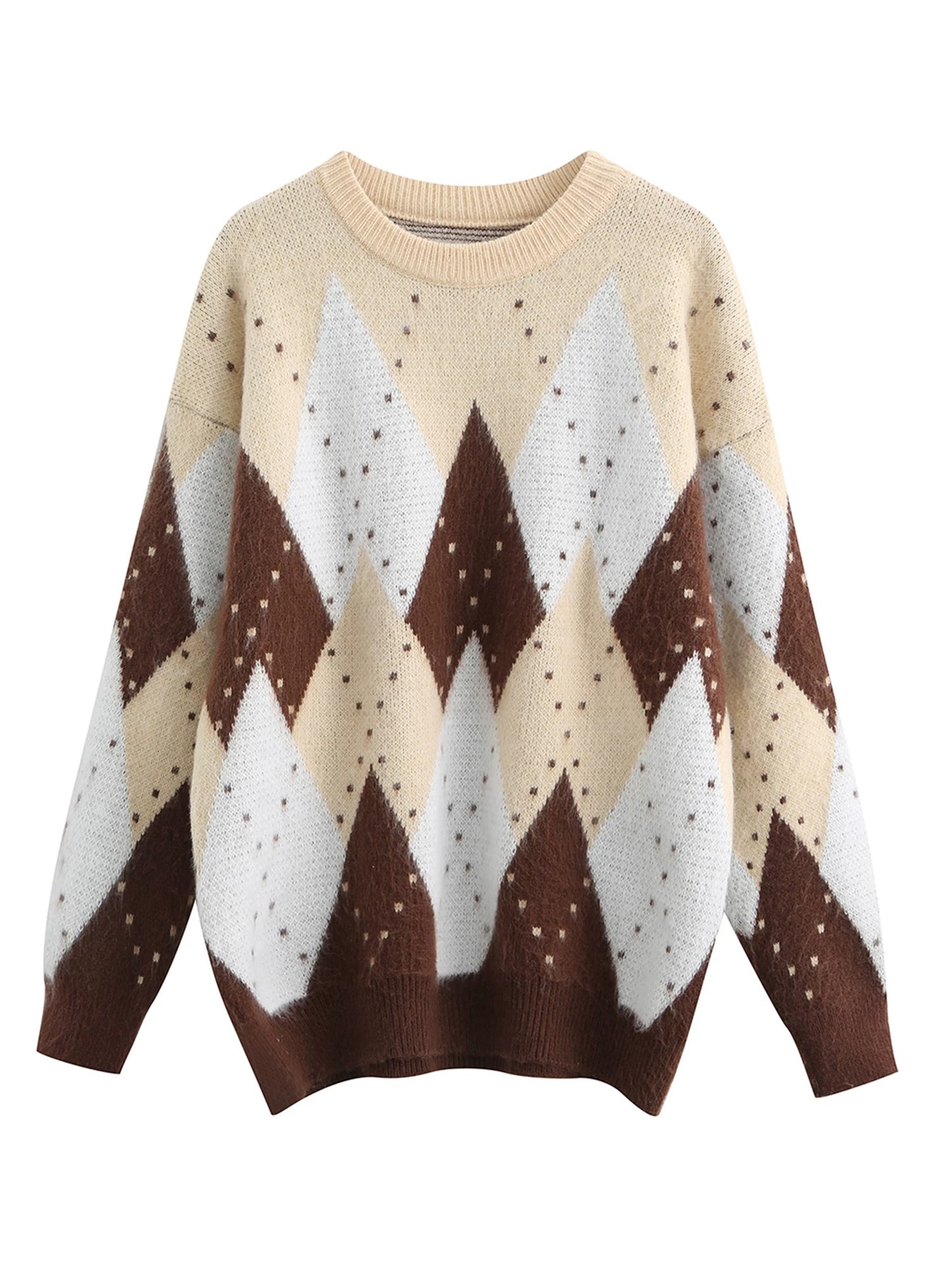 Mi Xiaoke's atmospheric long-sleeved inner sweater for women, autumn and winter, lazy style, retro diamond pattern color blocking round neck knit top