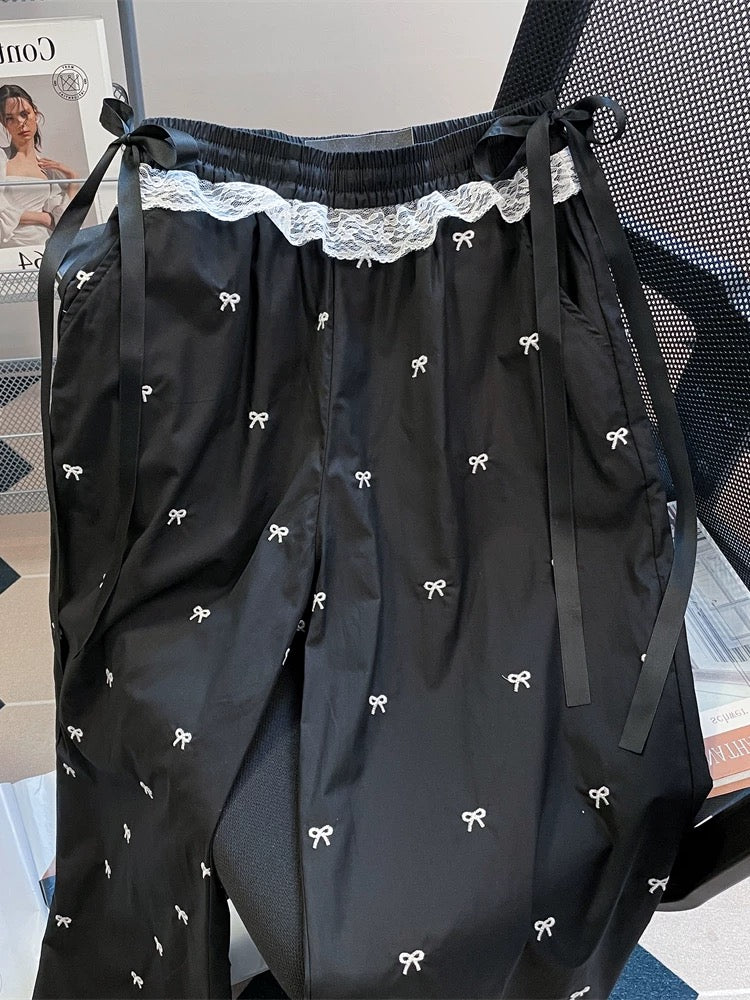American hot girl lace stitching bow trousers men and women summer loose straight wide leg drape mopping casual pants