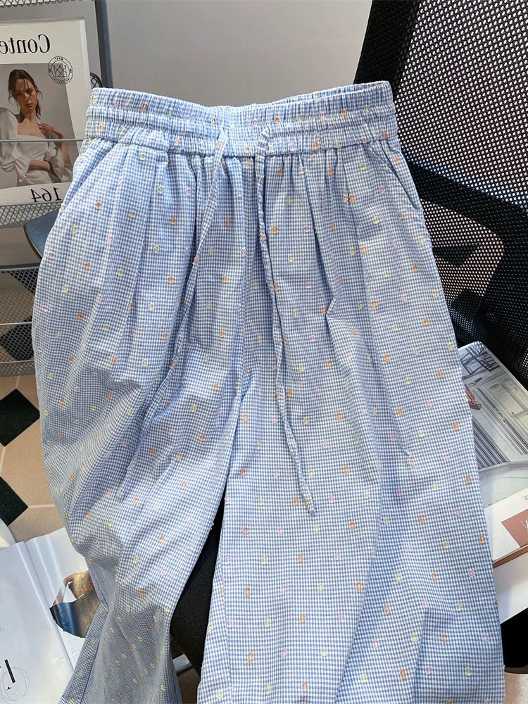 Korean loose bf lazy style polka dot plaid casual pants men and women summer dopamine wide leg high waist mopping trousers