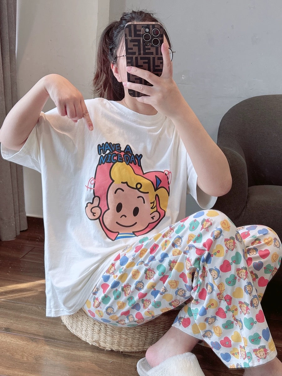 Japanese cute cartoon pajamas for women 2024 spring and summer new short-sleeved trousers pure cotton home clothes set can be worn outside