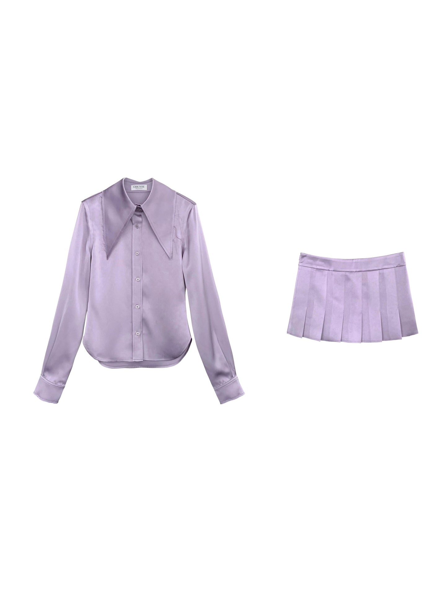 CHICYOU Lux Series Premium Silky Glossy Satin Point Collar Shirt Top + Low Waist Pleated Skirt
