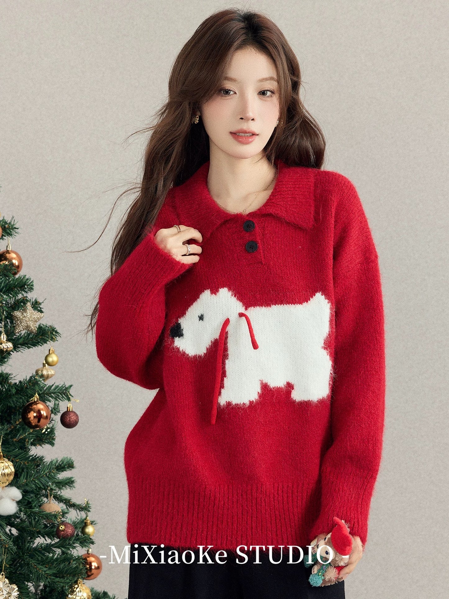 Mi Xiaoke's New Year's Red Sweater for Women, Autumn and Winter Lazy Style Knitted Top, Christmas Outfit Base Layer