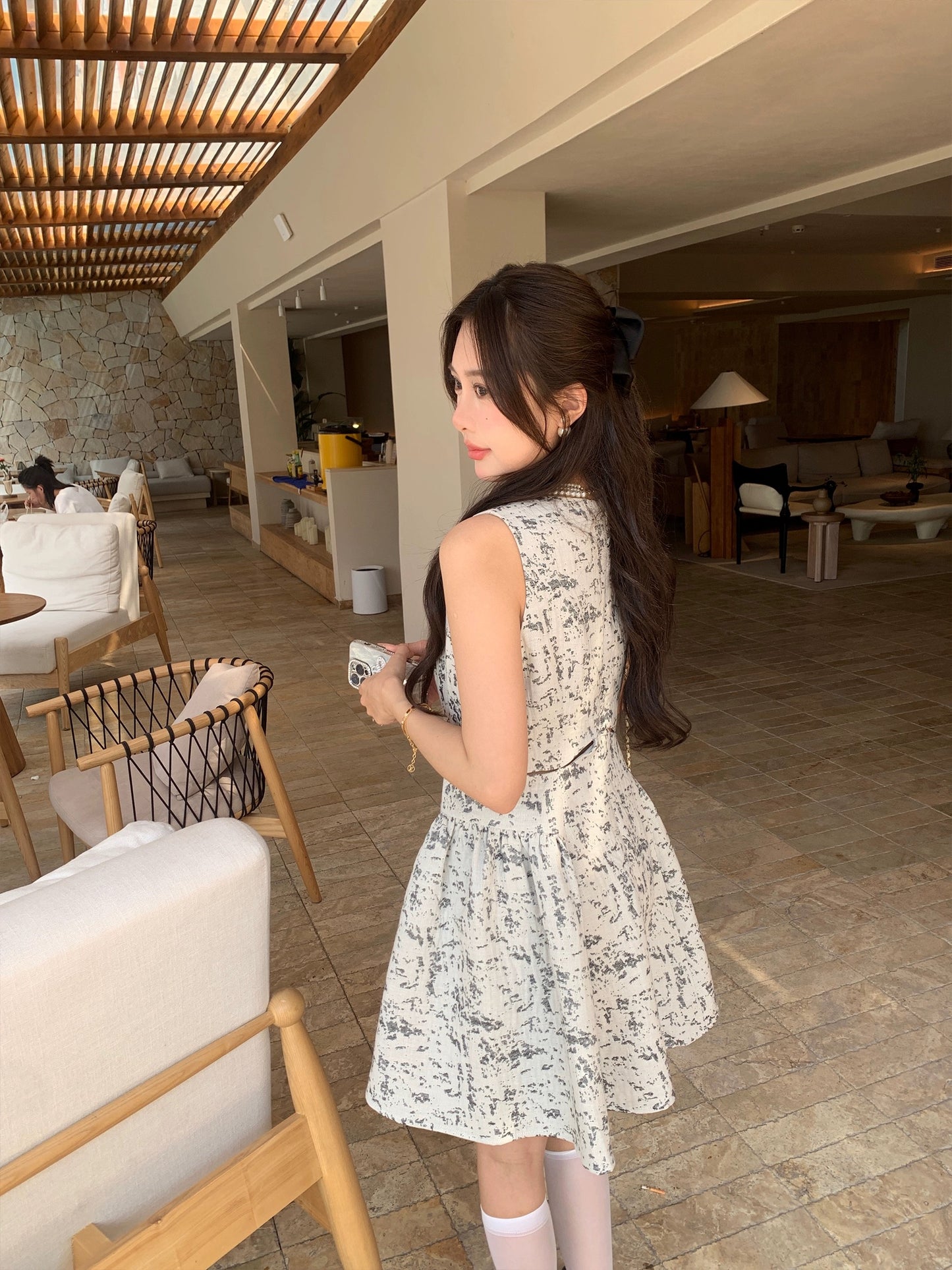 Xiajia sleeveless vest design niche leaky waist hollow dress female petite short A-line short skirt