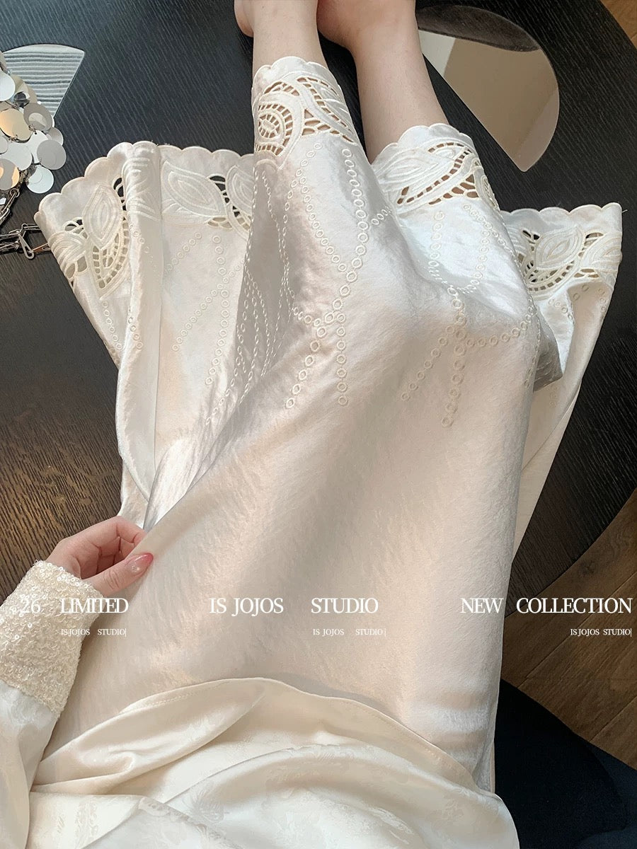 White New Chinese Style Hollow-Out Embroidered Satin Midi Skirt for Women, Early Spring New Arrival, Gentle Retro Temperament, Flowing A-line Skirt