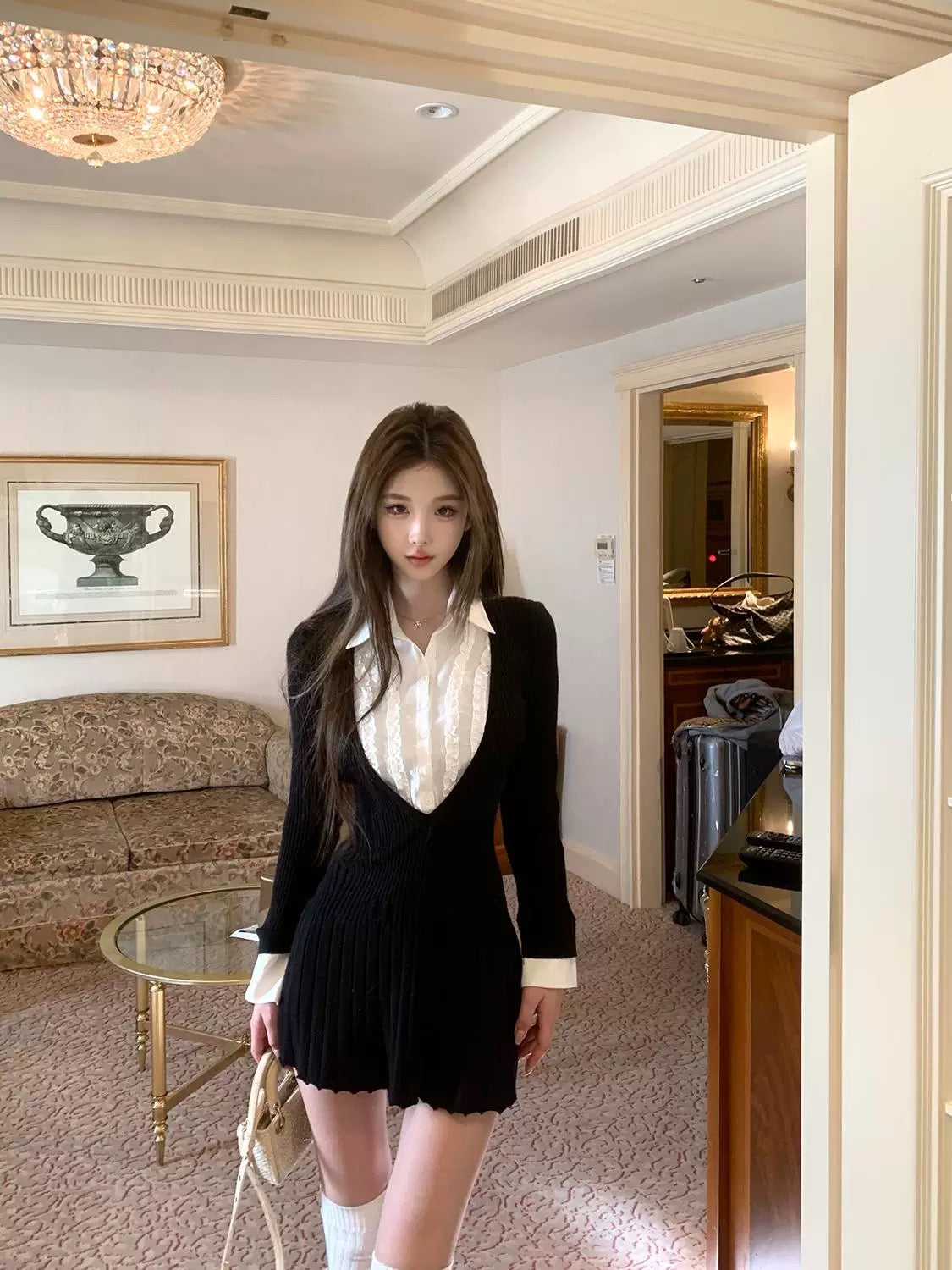 JMSHOP New York Yigao knitted dress women's inner skirt fake two-piece spliced shirt collar skirt pleated skirt