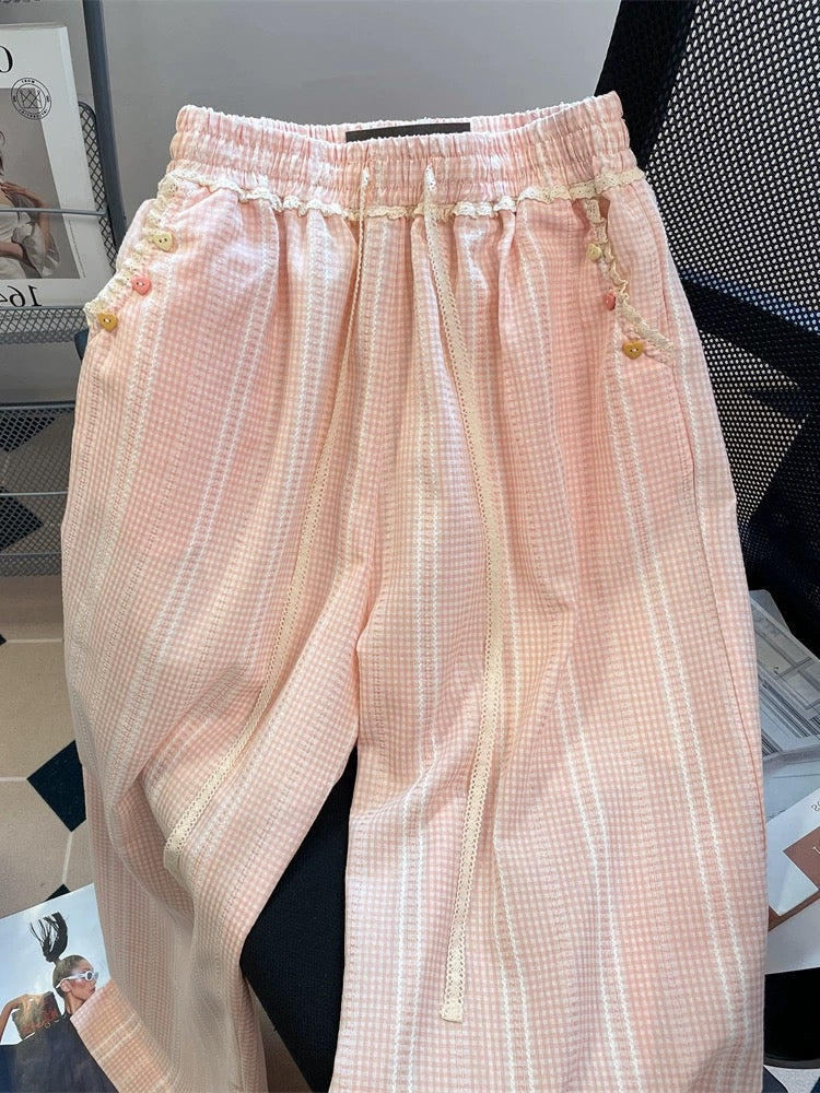 Korean style dopamine striped plaid lace casual pants men and women summer small straight wide-leg drape trousers