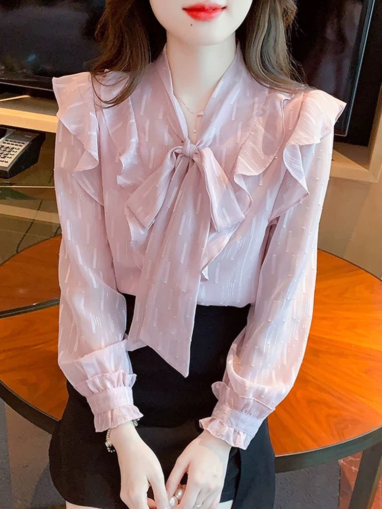 Gentle style bow long-sleeved chiffon shirt women's autumn clothing 2025 autumn new design sense of Western style beautiful small shirt