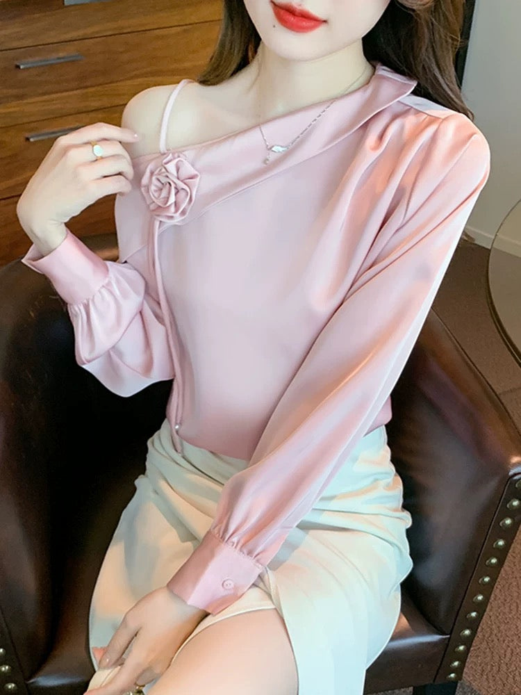 Fashion off-the-shoulder oblique collar long-sleeved chiffon shirt women's spring 2025 autumn new style temperament design satin shirt