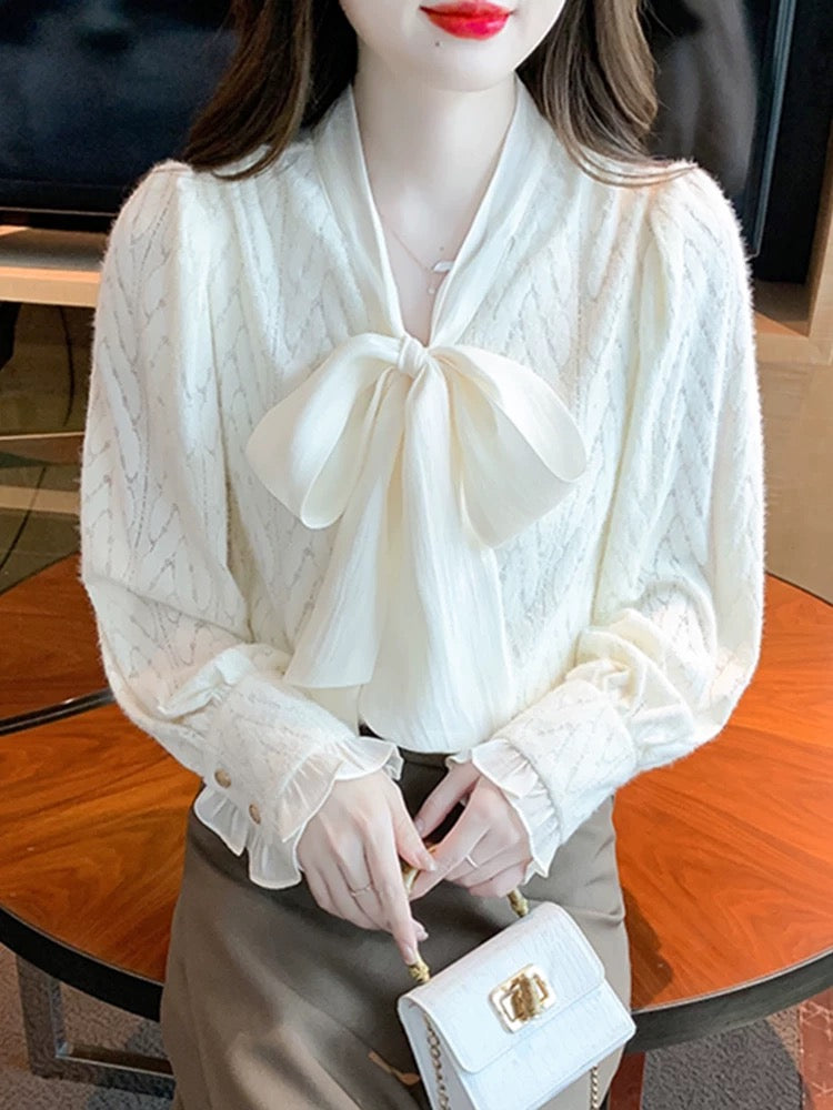 Plus velvet French v-neck bow lace shirt women's autumn wear 2025 autumn new temperament bottoming shirt top