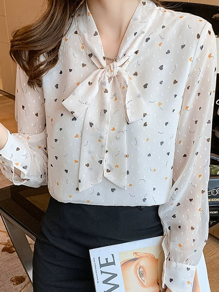 French bow long-sleeved floral chiffon shirt women's autumn wear 2025 autumn new all-match ladies' temperament shirt